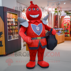 Red Medieval Knight mascot costume character dressed with a Yoga Pants and Coin purses