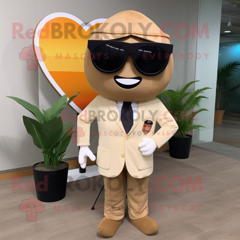 Tan Arrow Of Love mascot costume character dressed with a Suit Pants and Sunglasses