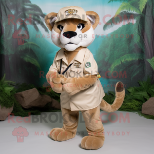 Tan Mountain Lion mascot costume character dressed with a Bermuda Shorts and Caps