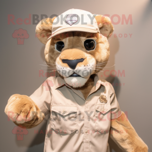 Tan Mountain Lion mascot costume character dressed with a Bermuda Shorts and Caps