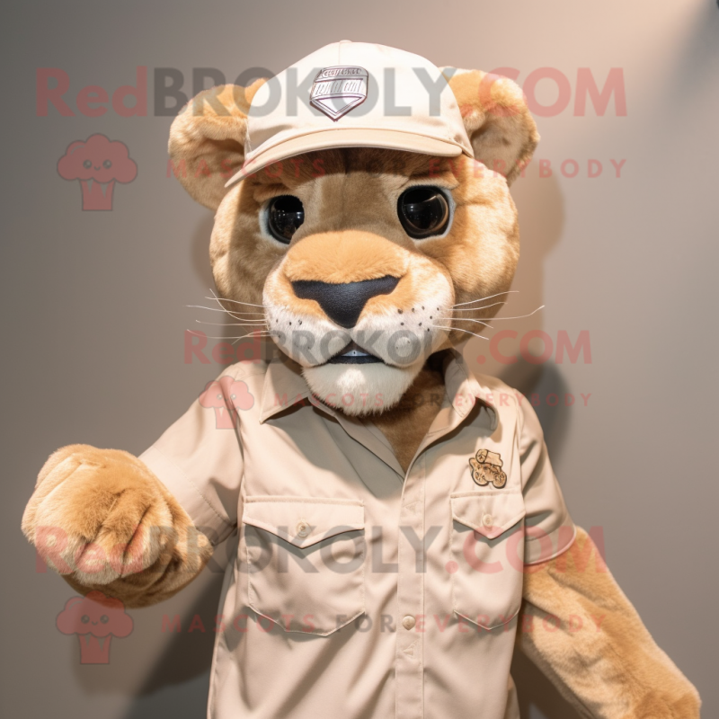 Tan Mountain Lion mascot costume character dressed with a Bermuda Shorts and Caps