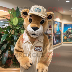 Tan Mountain Lion mascot costume character dressed with a Bermuda Shorts and Caps