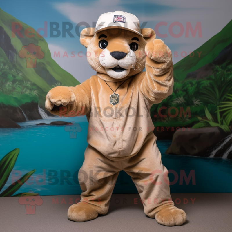 Tan Mountain Lion mascot costume character dressed with a Bermuda Shorts and Caps