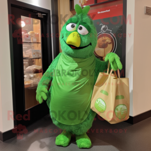 Green Chicken Parmesan mascot costume character dressed with a Wrap Skirt and Tote bags