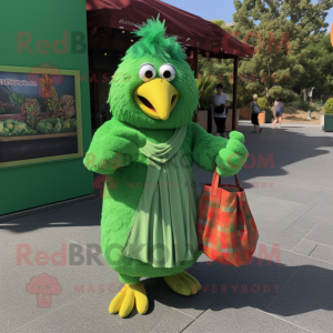 Green Chicken Parmesan mascot costume character dressed with a Wrap Skirt and Tote bags