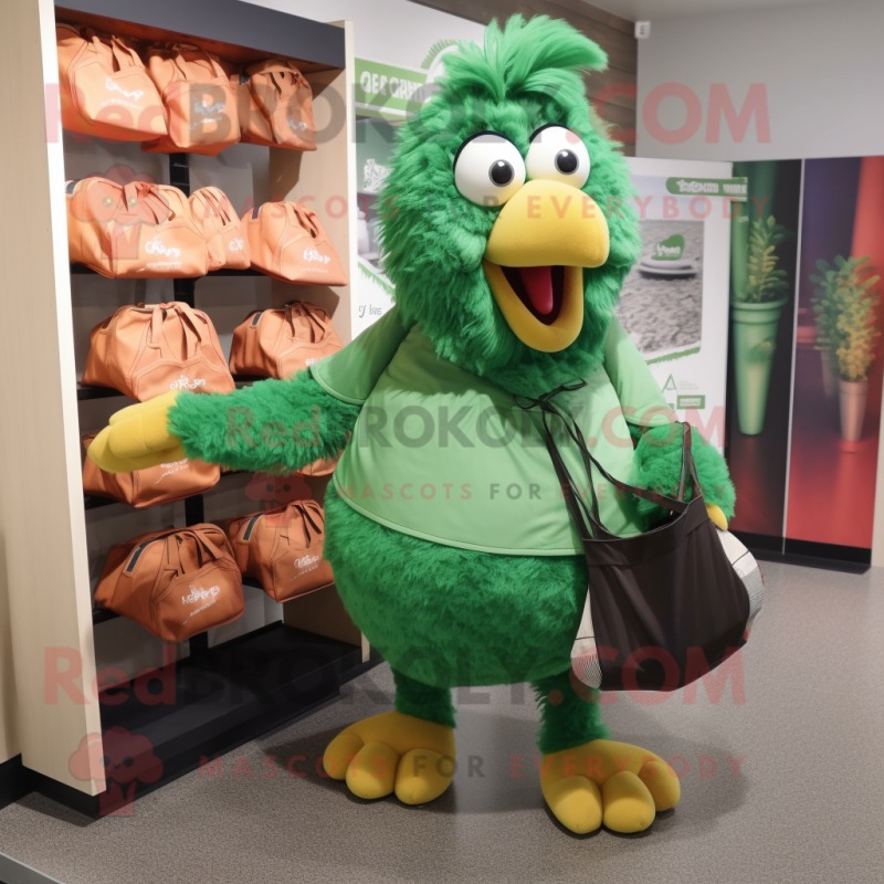 Green Chicken Parmesan mascot costume character dressed with a Wrap Skirt and Tote bags