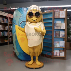 Gold Surfboard mascot costume character dressed with a Cover-up and Reading glasses