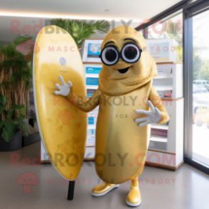 Gold Surfboard mascot costume character dressed with a Cover-up and Reading glasses