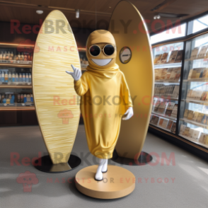 Gold Surfboard mascot costume character dressed with a Cover-up and Reading glasses