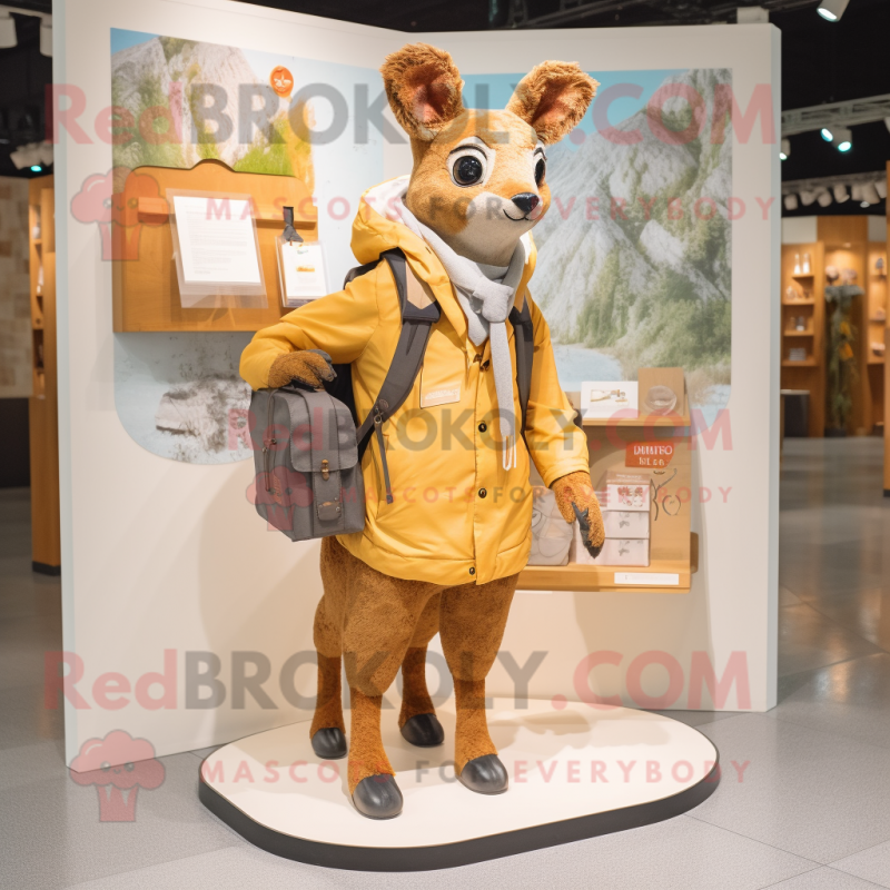 Tan Roe Deer mascot costume character dressed with a Parka and Handbags