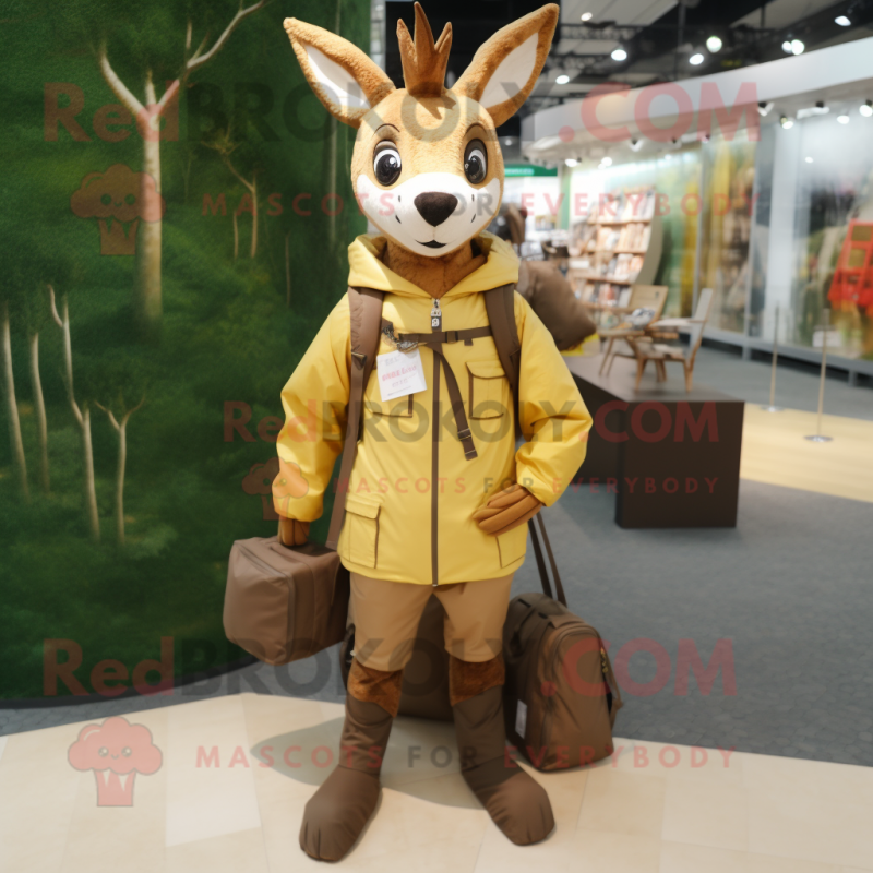 Tan Roe Deer mascot costume character dressed with a Parka and Handbags