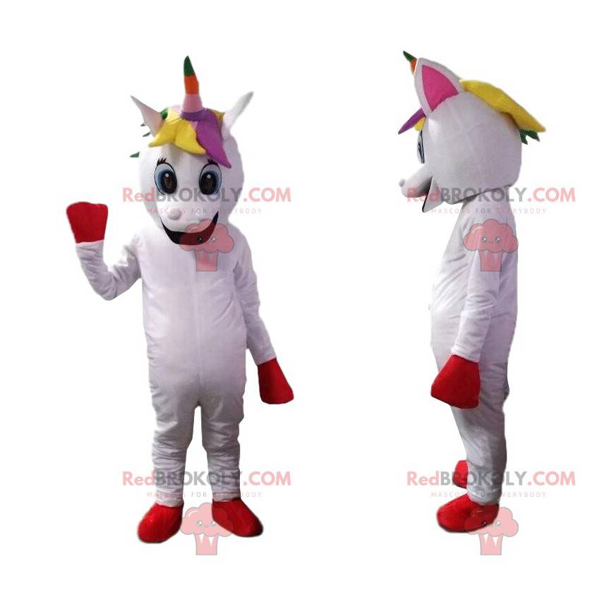 Mascote unicórnio branco com crina multicolorida -