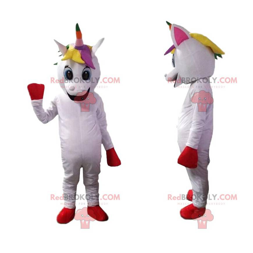 Witte eenhoorn mascotte met veelkleurige manen - Redbrokoly.com