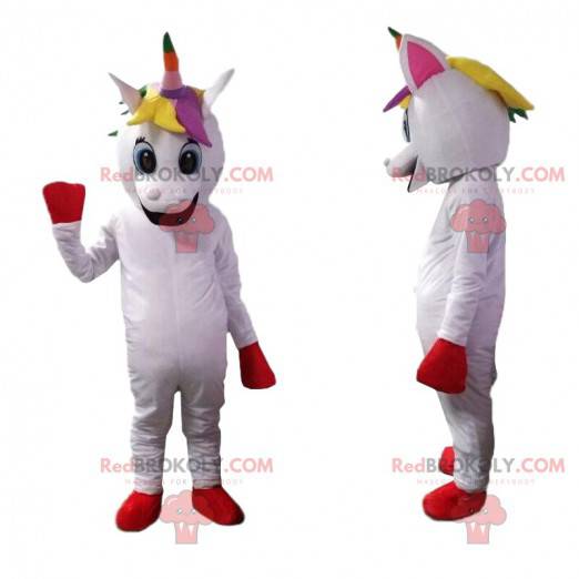 Mascotte de licorne blanche avec une crinière multicolore -