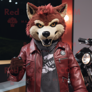 Maroon Wolf mascot costume character dressed with a Biker Jacket and Bow ties