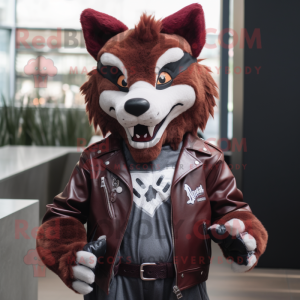 Maroon Wolf mascot costume character dressed with a Biker Jacket and Bow ties