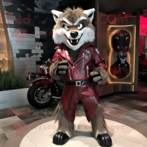 Maroon Wolf mascot costume character dressed with a Biker Jacket and Bow ties