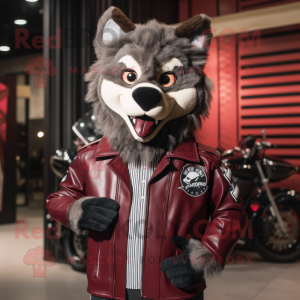 Maroon Wolf mascot costume character dressed with a Biker Jacket and Bow ties