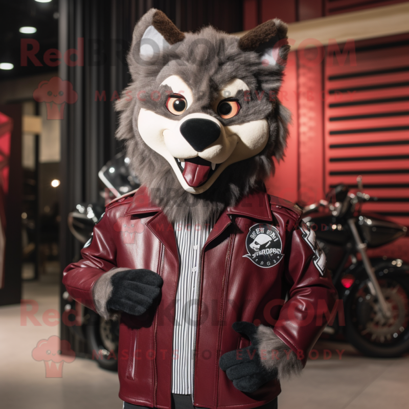 Maroon Wolf mascot costume character dressed with a Biker Jacket and Bow ties Maroon Wolf mascot costume character dressed with a Biker Jacket and Bow ties