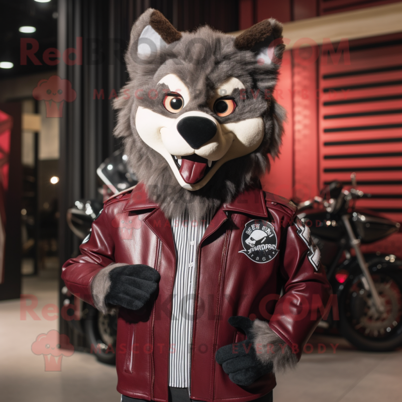 Maroon Wolf mascot costume character dressed with a Biker Jacket and Bow ties