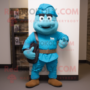 Cyan Civil War Soldier mascot costume character dressed with a Bermuda Shorts and Scarves