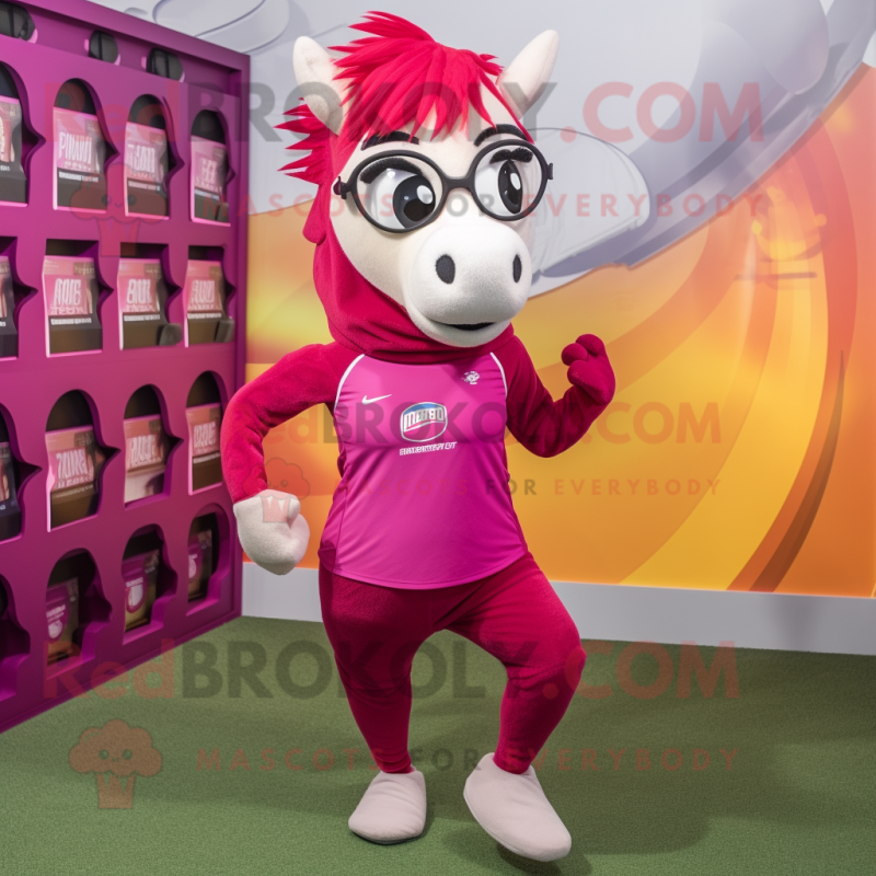 Magenta Mare mascot costume character dressed with a Running Shorts and Eyeglasses