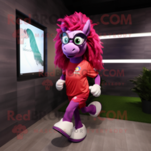 Magenta Mare mascot costume character dressed with a Running Shorts and Eyeglasses