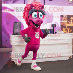Magenta Mare mascot costume character dressed with a Running Shorts and Eyeglasses
