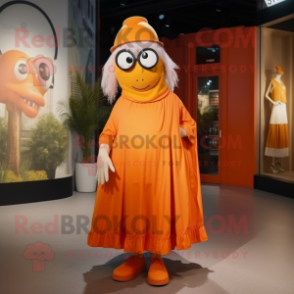 Orange Cyclops mascot costume character dressed with a Maxi Skirt and Berets