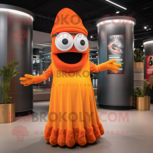 Orange Cyclops mascot costume character dressed with a Maxi Skirt and Berets
