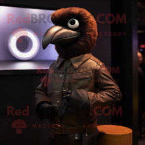 Brown Crow mascot costume character dressed with a Leather Jacket and Smartwatches