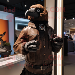 Brown Crow mascot costume character dressed with a Leather Jacket and Smartwatches