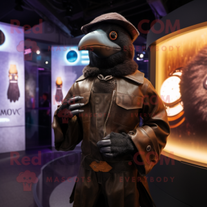 Brown Crow mascot costume character dressed with a Leather Jacket and Smartwatches