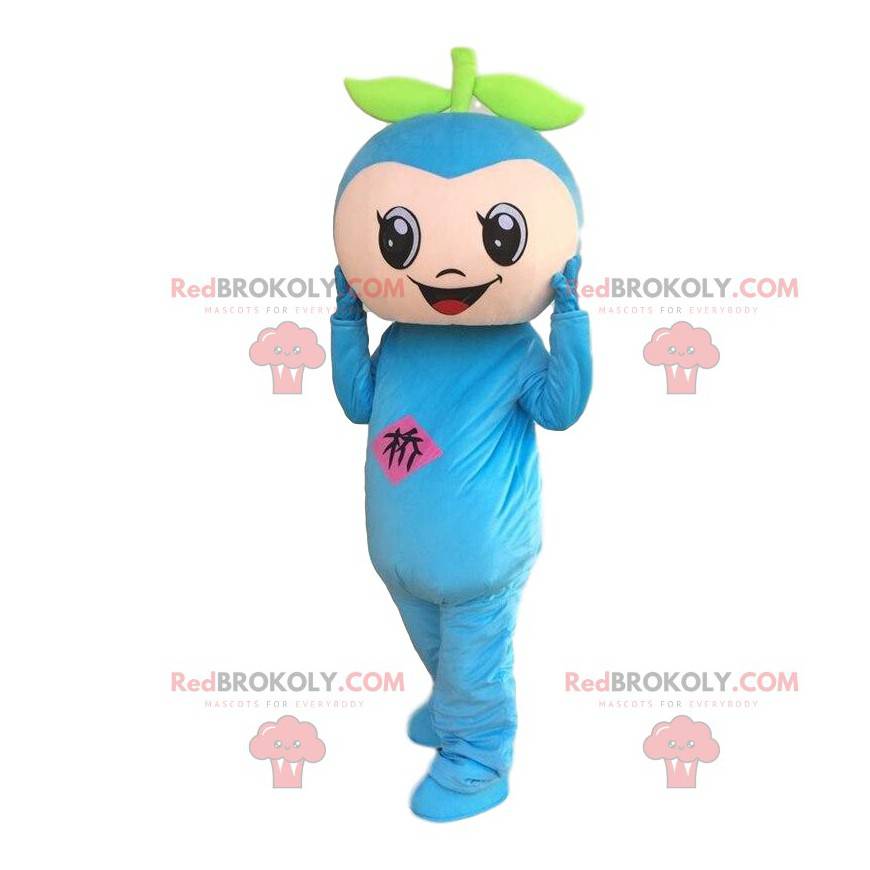 Blue snowman mascot, very smiling blue fruit costume -
