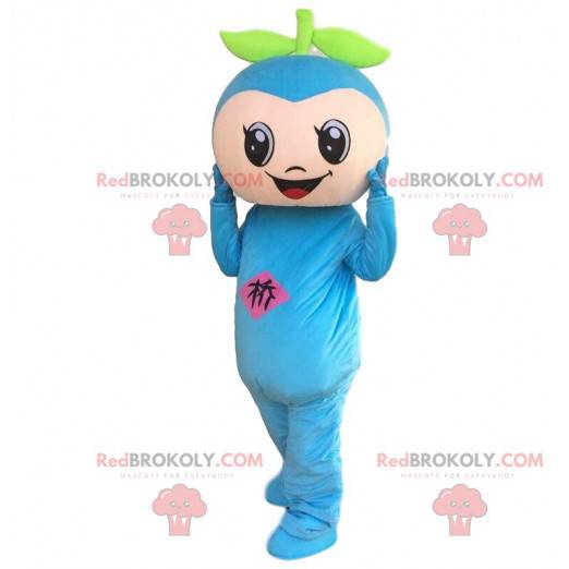 Blue snowman mascot, very smiling blue fruit costume -