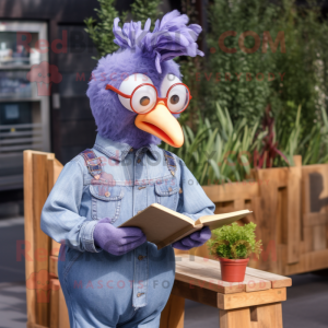 Lavender Chicken mascot costume character dressed with a Denim Shirt and Reading glasses