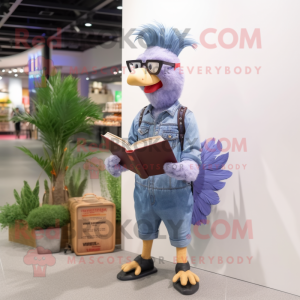 Lavender Chicken mascot costume character dressed with a Denim Shirt and Reading glasses
