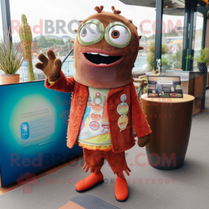 Rust Ceviche mascot costume character dressed with a Cardigan and Coin purses