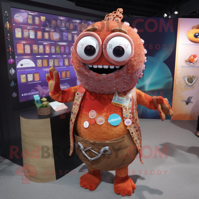 Rust Ceviche mascot costume character dressed with a Cardigan and Coin purses Rust Ceviche mascot costume character dressed with a Cardigan and Coin purses
