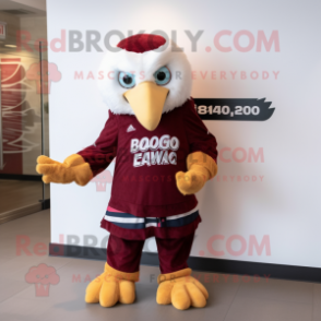 Maroon Bald Eagle mascot costume character dressed with a Skirt and Caps