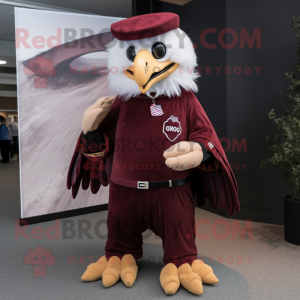 Maroon Bald Eagle mascot costume character dressed with a Skirt and Caps