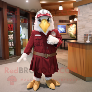 Maroon Bald Eagle mascot costume character dressed with a Skirt and Caps