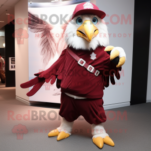 Maroon Bald Eagle mascot costume character dressed with a Skirt and Caps