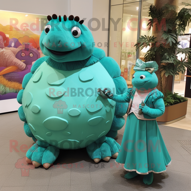 Turquoise Glyptodon mascot costume character dressed with a A-Line Skirt and Rings