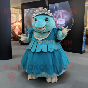 Turquoise Glyptodon mascot costume character dressed with a A-Line Skirt and Rings