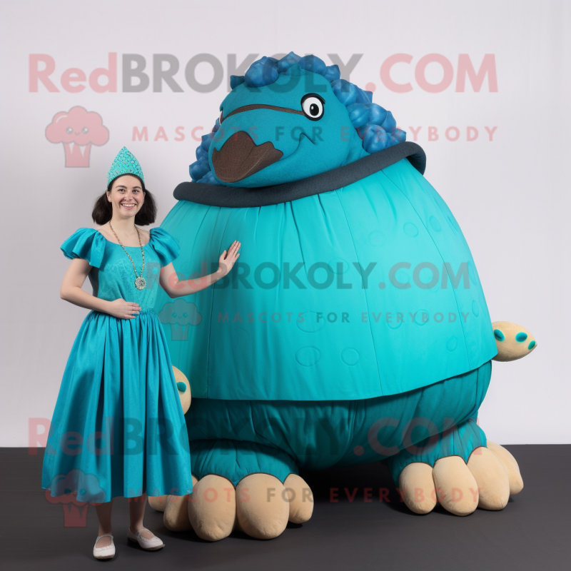 Turquoise Glyptodon mascot costume character dressed with a A-Line Skirt and Rings Turquoise Glyptodon mascot costume character dressed with a A-Line Skirt and Rings