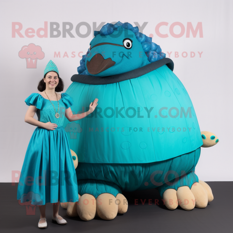 Turquoise Glyptodon mascot costume character dressed with a A-Line Skirt and Rings