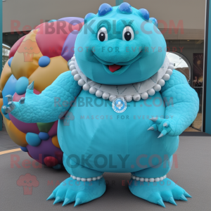 Turquoise Glyptodon mascot costume character dressed with a A-Line Skirt and Rings