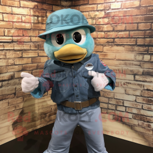 Teal Commando mascot costume character dressed with a Chambray Shirt and Scarves