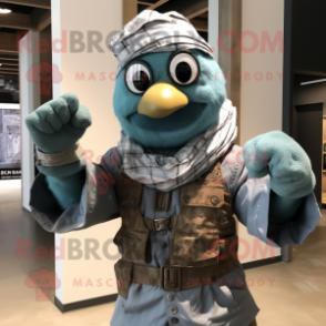 Teal Commando mascot costume character dressed with a Chambray Shirt and Scarves